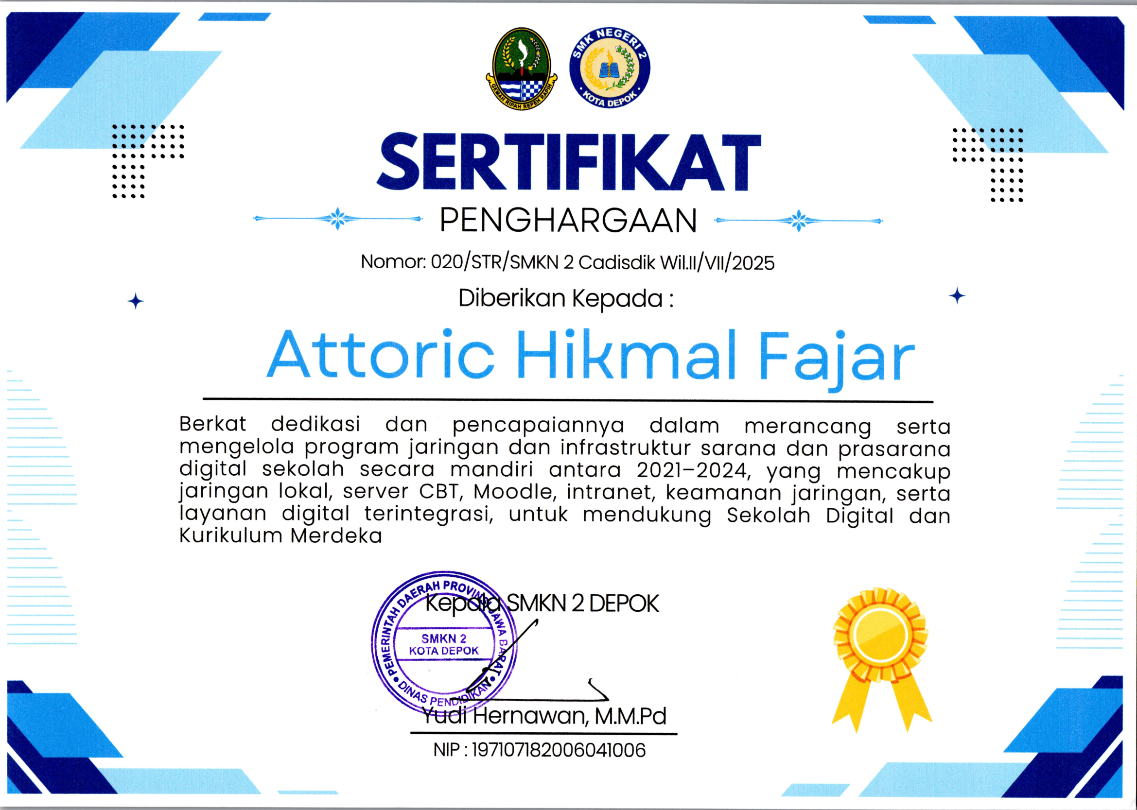 Sertifikat Penghargaan - SMKN 2 Depok