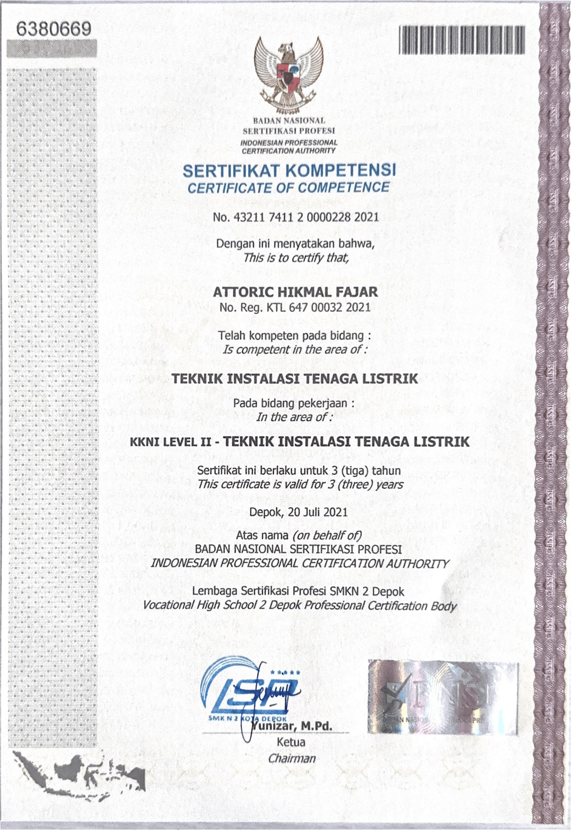 Sertifikasi BNSP - KKNI LEVEL II - TEKNIK INSTALASI TENAGA LISTRIK